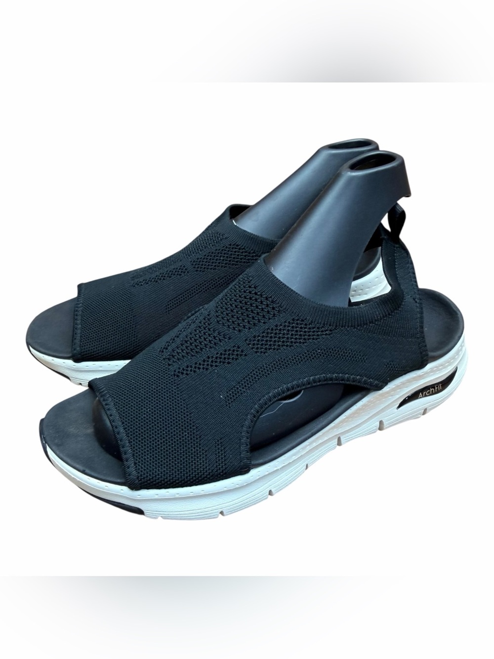 Skechers Black Knit Slip-On Sandals with White Sole